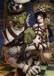  1girl alice:_madness_returns alice_(wonderland) belt belt_boots black_hair boots brown_eyes gears green_legwear hand_on_another's_face hat highres jewelry lingxia lock long_hair looking_at_another looking_at_viewer necklace padlock straitjacket thighhighs top_hat 