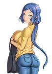  aori_sora apron apron_removed aqua_eyes ass black_apron blue_hair breasts closed_mouth denim from_behind gundam gundam_build_fighters highres iori_rinko jeans large_breasts long_hair looking_at_viewer looking_back mature pants ponytail simple_background smile solo sweater turtleneck turtleneck_sweater white_background yellow_sweater 