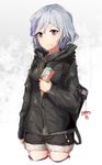  absurdres arm_at_side asymmetrical_legwear backpack bag bangs bell belt black_cola black_jacket black_shorts blush boots buttons cardigan character_name closed_mouth cropped_legs cz-75_(girls_frontline) eyebrows_visible_through_hair food food_on_face fruit fur-trimmed_shorts girls_frontline gloves grey_hair heart heart-shaped_pupils highres holding holding_food hood hoodie ice_cream ice_cream_cone ice_cream_on_face jacket long_sleeves multicolored_hair parka purple_eyes purple_hair red_hair red_tank_top short_hair short_shorts shorts sidelocks simple_background smile solo strap strawberry streaked_hair stuffed_toy symbol-shaped_pupils tank_top thigh_boots thighhighs thompson/center_contender_(girls_frontline) twintails waffle white_footwear 