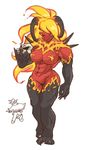  1boy 1girl abs basilissa breasts cowboy cowboy_hat demon demon_girl demoness doom_(game) feather fire fire_elemental fire_hair giant_monster hat high_noon_drifter horns large_breasts looking_at_viewer monster monster_girl muscle muscular_female nude original red_eyes skull smile unmasked 