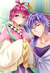  1girl brown_eyes chinese_clothes collarbone commentary_request hair_between_eyes hair_ornament hair_rings hair_stick highres jewelry long_hair magi_the_labyrinth_of_magic purple_hair red_eyes red_hair ren_kougyoku sasakuma_kyouta sinbad_(magi) smile wide_sleeves 