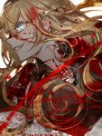  blonde_hair blood blood_on_face bloody_hair blue_eyes chino_machiko colored_eyelashes commentary_request curly_hair dutch_angle hair_between_eyes long_hair lyza made_in_abyss pink_lips solo whistle whistle_around_neck 