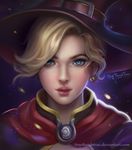  alternate_costume artist_name bangs blonde_hair blue_eyes buckle commentary deviantart_username earrings eyelashes food_themed_earrings freckles hat hat_belt highres jewelry lips looking_at_viewer mercy_(overwatch) nose overwatch parted_lips portrait pumpkin_earrings short_hair solo swept_bangs tiny_thanh_truc watermark web_address witch_hat witch_mercy 