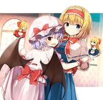  absurdres alice_margatroid bangs bat_wings black_wings blonde_hair blue_eyes blush bow bowtie capelet closed_eyes closed_mouth eyebrows_visible_through_hair hair_bow hairband hat hat_bow highres holding_hands hourai_doll long_hair looking_at_viewer mob_cap multiple_girls open_mouth pink_hat pointy_ears purple_hair red_bow red_eyes red_neckwear remilia_scarlet shanghai_doll shinoba short_hair short_sleeves skirt skirt_hold smile touhou white_legwear window wings 