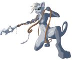  3_toes 5_fingers action_pose breasts chain chest_tuft digitigrade feline female fur green_eyes grey_fur hair inner_ear_fluff kneeling leyanor mammal medium_breasts melee_weapon nipples nude polearm pose pussy simple_background solo spear toes tuft weapon white_background white_hair 