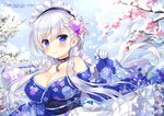  ameto_yuki artist_name azur_lane bag belfast_(azur_lane) blue_eyes blue_kimono blue_sky blush branch breasts chain cherry_blossoms cleavage closed_mouth collar commentary_request day eyebrows_visible_through_hair floral_print gloves hair_between_eyes hair_ornament handbag hands_up holding japanese_clothes kimono large_breasts long_hair long_sleeves looking_at_viewer maid_headdress metal_collar obi outdoors purple_hair sash sky sleeves_past_wrists snow snowflakes solo upper_body wa_maid white_gloves wide_sleeves 