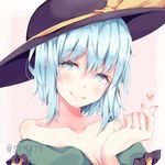  bad_id bad_pixiv_id bare_shoulders black_hat collarbone eyebrows_visible_through_hair hat heart heart-shaped_pupils komeiji_koishi light_blue_eyes light_blue_hair looking_at_viewer shiromoru_(yozakura_rety) short_hair smile solo symbol-shaped_pupils touhou upper_body 