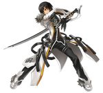  black_hair black_pants black_shirt blade_master_(elsword) claws closed_mouth elsword expressionless fighting_stance full_body fur_trim highres holding holding_sword holding_weapon looking_to_the_side male_focus official_art orange_eyes pants raven_(elsword) ress shirt shoes solo sword transparent_background weapon white_coat 