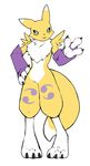 3_fingers amad_no_moto ambiguous_gender armwear black_sclera blue_eyes bridal_gauntlets claws clothing digimon fur hand_on_hip open_mouth renamon simple_background solo toe_claws white_background white_fur yellow_fur 