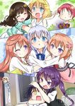  6+girls :&gt; :d :o :t ;) ^_^ aoyama_blue_mountain aqua_jacket bad_id bad_pixiv_id bangs bare_shoulders basket black_sweater blonde_hair blue_eyes blue_hair blue_neckwear blue_shirt blue_vest blunt_bangs blush bow bowtie breasts brown_hair casual closed_eyes closed_mouth collarbone collared_shirt commentary_request dress eyebrows_visible_through_hair facing_viewer fang flat_chest gochuumon_wa_usagi_desu_ka? grabbing grabbing_from_behind green_dress group_hug hair_ornament hairclip hetareeji holding hoto_cocoa hoto_mocha hug jacket jouga_maya kirima_sharo light_blue_hair long_hair long_sleeves looking_at_viewer multiple_girls mushroom natsu_megumi one_eye_closed open_mouth orange_hair outstretched_arms peeking_out pink_vest pout purple_eyes purple_hair rabbit_house_uniform red_hair red_neckwear sailor_collar shirt short_hair short_sleeves siblings sidelocks signature sisters sleeveless sleeveless_shirt small_breasts smile solid_oval_eyes sweatdrop sweater sweater_vest tedeza_rize tedeza_rize's_school_uniform twintails ujimatsu_chiya v-shaped_eyebrows vest wavy_mouth white_dress white_shirt wing_collar x_hair_ornament yellow_eyes 