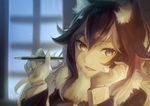  :d animal_ears arm_support bangs black_hair blue_eyes blurry blurry_background blush depth_of_field eyebrows_visible_through_hair gloves grey_wolf_(kemono_friends) hand_on_own_cheek harusabin head_rest heterochromia indoors kemono_friends long_hair long_sleeves multicolored_hair night nose_blush open_mouth pencil signature silver_hair smile solo streaked_hair tsurime two-tone_hair upper_body white_gloves white_hair window wolf_ears wolf_girl yellow_eyes 