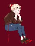  ;p bad_id bad_pixiv_id blonde_hair chin_rest con_potata denim green_eyes hair_ornament hair_scrunchie jacket jeans male_focus one_eye_closed pants ponytail red_background red_scrunchie scrunchie sitting tongue tongue_out torn_clothes torn_jeans torn_pants yuri!!!_on_ice yuri_plisetsky 