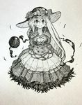  alternate_costume arms_at_sides bow breasts closed_mouth dress flower grey_background greyscale hat hat_bow hat_flower highres komeiji_koishi long_hair looking_at_viewer mashimashi medium_breasts monochrome rose scan smile solo third_eye touhou traditional_media 