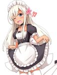  ;d aikawa_ryou alternate_costume apron blonde_hair blue_eyes blush bow bowtie choker commentary dark_skin enmaided eyebrows_visible_through_hair flower hair_flower hair_ornament heart highres kantai_collection long_hair looking_at_viewer maid one_eye_closed open_mouth puffy_short_sleeves puffy_sleeves ro-500_(kantai_collection) short_sleeves simple_background skirt_hold smile solo standing tan thighhighs waist_apron white_background white_legwear 