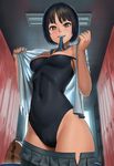  absurdres amagami areola_slip areolae bag bangs black_hair black_swimsuit blue_skirt breasts brown_eyes cameltoe commentary covered_navel day grin gumroad_reward highleg highleg_swimsuit highres indoors kibito_high_school_uniform lasterk locker locker_room looking_at_viewer medium_breasts mouth_hold one-piece_swimsuit open_clothes open_shirt paid_reward parted_lips pleated_skirt school_uniform shirt short_hair skirt smile solo standing strap_slip swimsuit swimsuit_under_clothes tachibana_miya undressing white_shirt 