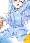  bad_id bad_pixiv_id blue_pants blue_shirt blush breasts buttons closed_eyes dated facing_viewer gochuumon_wa_usagi_desu_ka? hair_between_eyes hair_ornament hairclip hetareeji highres hoto_cocoa indoors kafuu_chino light_blue_hair long_hair multiple_girls on_bed open_mouth out_of_frame pajamas pants shirt signature sitting sketch sleepy small_breasts stretch teardrop wariza window x_hair_ornament 