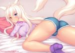  1girl animal_ears ass bare_shoulders bed bed_sheet blue_eyes blush breasts cat_ears cat_tail coconut coconut_(sayori) commentary denim denim_shorts english_commentary eyebrows_visible_through_hair fast-runner-2024 grin heterochromia high_heels highres large_breasts long_hair looking_at_viewer lying medium_breasts micro_shorts neko nekomimi nekopara off_shoulder on_bed on_stomach pillow pillow_hug platinum_blonde_hair purple_footwear short_shorts shorts slit_pupils smile solo tail teeth white_hair yellow_eyes 