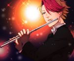  bad_id bad_pixiv_id blonde_hair bow bowtie brown_eyes con_potata eyes_visible_through_hair flute formal hair_over_one_eye instrument lips male_focus minami_kenjirou multicolored_hair music playing_instrument red_hair sparkle suit two-tone_hair yuri!!!_on_ice 