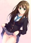  10s 1girl 846-gou blazer blush brown_hair decensored dutch_angle earrings female green_eyes idolmaster idolmaster_cinderella_girls jacket jewelry necklace necktie no_panties noir846 pussy school_uniform shibuya_rin skirt skirt_lift solo uncensored 