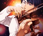  bad_id bad_pixiv_id black_hair blue_eyes con_potata formal instrument jean-jacques_leroy male_focus music playing_instrument sparkle suit violin violin_bow white_suit yuri!!!_on_ice 