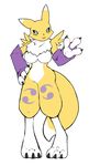  3_fingers amad_no_moto anthro armwear big_breasts black_sclera blue_eyes breasts bridal_gauntlets claws clothing digimon featureless_breasts female fur hand_on_hip open_mouth renamon simple_background solo toe_claws white_background white_fur wide_hips yellow_fur 