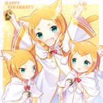  2boys :3 :d animal_ears arms_up bangs bell blush bow braid brother_and_sister brothers cat_ears closed_mouth commentary_request fangs green_eyes hair_bell hair_ornament happy_birthday heitarou_pearlbaton jingle_bell kashiwa_mochi_(food) long_hair long_sleeves looking_at_viewer looking_to_the_side mimi_pearlbaton monocle multiple_boys open_mouth orange_hair outstretched_arms parted_bangs parted_lips pom_pom_(clothes) ransui re:zero_kara_hajimeru_isekai_seikatsu red_bow robe short_hair siblings smile thick_eyebrows tivey_pearlbaton twin_braids white_robe wide_sleeves 