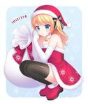  bell black_bow black_legwear blonde_hair blue_eyes blush bow dated elbow_gloves eyebrows_visible_through_hair gloves hair_bow hat long_hair original parted_lips red_hat sack santa_costume santa_hat snowflakes solo squatting thighhighs white_gloves yamayu 