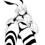  animal_ears bangs blush breasts bunny_ears closed_mouth commentary_request contrapposto eyebrows_visible_through_hair from_below greyscale hair_between_eyes highres kantai_collection long_hair looking_at_viewer miniskirt monochrome nervous_smile pleated_skirt saruanu shimakaze_(kantai_collection) simple_background skirt small_breasts solo standing striped striped_legwear sweat tears thighhighs thighs thong upskirt wavy_mouth 