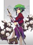  asellus_(saga_frontier) breasts commentary_request dress flower green_hair hani_kuraun medium_breasts red_eyes red_flower red_rose rose saga saga_frontier short_hair solo 