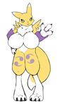  3_fingers amad_no_moto anthro armwear big_breasts black_sclera blue_eyes breasts bridal_gauntlets claws clothing digimon featureless_breasts female fur hand_on_hip huge_breasts open_mouth renamon simple_background solo toe_claws white_background white_fur wide_hips yellow_fur 