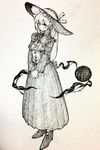  closed_mouth dress earrings full_body greyscale hat hat_ribbon highres jewelry komeiji_koishi long_hair long_sleeves looking_at_viewer mashimashi monochrome own_hands_together ribbon scan shoes smile solo standing third_eye touhou traditional_media 