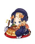  :q abigail_williams_(fate/grand_order) bacon bangs black_bow black_dress black_hat blonde_hair blue_eyes blush bow bug butterfly chibi closed_mouth commentary_request dress fate/grand_order fate_(series) food forehead fork hair_bow hat holding holding_fork insect ketchup long_sleeves looking_away orange_bow pancake parted_bangs plate polka_dot polka_dot_bow simple_background sleeves_past_fingers sleeves_past_wrists smile solo stack_of_pancakes stuffed_animal stuffed_toy teddy_bear tongue tongue_out white_background yuu_(higashi_no_penguin) 