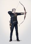  aiming arms_up arrow artist_name belt black_jacket black_pants black_vest blue_neckwear bow_(weapon) brown_footwear closed_mouth drawing_bow formal full_body grey_background grey_hair highres holding holding_arrow holding_bow_(weapon) holding_weapon jacket jane_mere legs_apart long_sleeves looking_to_the_side male_focus md5_mismatch muneate necktie open_clothes open_jacket original pants profile quiver shoes solo standing suit unbuttoned vest weapon 