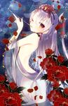  amatsukaze_(kantai_collection) ass earrings flower hair_between_eyes hair_flower hair_ornament holding holding_pipe horns jewelry kantai_collection kiseru long_hair looking_at_viewer multicolored multicolored_eyes nail_polish one_eye_closed orange_eyes petals pipe pipe_in_mouth purple_eyes red_flower red_nails solo tahya two_side_up very_long_hair white_hair yellow_eyes 