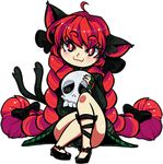  :3 ahoge animal_ears bangs black_bow black_footwear black_nails bow cat_ears cat_tail doshmobile dress eyebrows_visible_through_hair full_body green_dress hair_bow holding kaenbyou_rin knee_up long_hair looking_at_viewer nail_polish red_eyes red_hair shoes sitting skull smile solo tail thick_eyebrows touhou transparent_background very_long_hair 