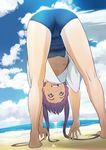  ass barefoot beach bent_over brown_eyes brown_hair cameltoe cloud commentary_request competition_school_swimsuit day flat_chest from_behind hiyori_mizuki kneepits legs long_hair looking_back nipples off_shoulder one-piece_swimsuit open_mouth original outdoors school_swimsuit shirt sky smile solo swimsuit swimsuit_under_clothes twintails white_shirt 