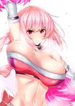  alternate_costume arm_up bare_shoulders bouncing_breasts breasts eyebrows_visible_through_hair fate/grand_order fate_(series) florence_nightingale_(fate/grand_order) flying_sweatdrops highres large_breasts looking_at_viewer midriff navel parted_lips pink_eyes pink_hair pom_pom_(clothes) sankakusui short_hair simple_background solo unaligned_breasts white_background 