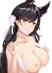  animal_ears atago_(azur_lane) azur_lane bad_id bad_pixiv_id black_hair breasts brown_eyes closed_mouth extra_ears flower hair_flower hair_ornament highres large_breasts long_hair looking_at_viewer mole mole_under_eye nipples simple_background smile solo takagaki_eru upper_body white_background 