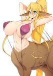  1girl an animal_ears armpits arms_behind_head arms_up bikini blonde_hair blue_eyes breasts centaur centorea_shianus cleavage erect_nipples eyebrows_visible_through_hair highres horse_ears horse_tail huge_breasts long_hair looking_at_viewer monster_girl monster_musume_no_iru_nichijou navel ponytail purple_bikini simple_background sling_bikini slingshot_swimsuit slugbox smile solo stomach swimsuit tail upper_body very_long_hair white_background 