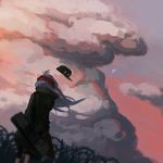  black_shorts blurry cloud cloudy_sky collared_jacket commentary_request depth_of_field dusk floating_hair from_behind g11_(girls_frontline) girls_frontline grass green_jacket hat hat_removed headwear_removed highres jacket long_hair mush outdoors over_shoulder red_scarf scarf scenery shorts silver_hair sky solo strap very_long_hair weapon_bag wind wind_lift 