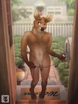  anthro antlers balls blush brown_eyes cervine deer eyewear foreskin glasses hi_res horn humanoid_penis k_98 leash looking_at_viewer male mammal navel nipples nude partially_retracted_foreskin penis solo uncut 