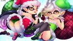  2girls alternate_costume aori_(splatoon) arm_up artist_name ass bag bare_shoulders bent_over black_footwear black_hair black_legwear blue_background blush born-to-die christmas detached_collar domino_mask dress earrings eyebrows_visible_through_hair fangs female flat_chest from_behind full_body fur_trim gloves gradient_hair green_hat green_panties grey_hair hand_up hands_up hat highres hotaru_(splatoon) kneeling knees_together_feet_apart licking long_hair looking_at_viewer looking_back mole mole_under_eye multicolored_hair multiple_girls open_mouth orange_eyes outstretched_arm panties pantyshot pantyshot_(sitting) patreon patreon_username pink_panties pointy_ears red_dress red_hat santa_costume santa_hat shiny_skin shoes short_dress short_hair signature simple_background sitting skindentation smile splatoon strapless strapless_dress teeth tentacle_hair text thighhighs tied_hair tongue tongue_out twintails underwear upskirt v watermark white_gloves white_legwear 
