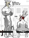  2016 anthro antlers balls bgn blonde_hair cervine duo english_text feet fireball_(bgn) flaccid hair horn humanoid_feet locker_room male mammal nude penis red_hair red_nose reindeer rudolph_the_red_nosed_reindeer sitting standing text uncut 