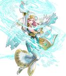  arm_up bangs blonde_hair blue_dress blue_eyes book breasts dress earrings fingernails fire_emblem fire_emblem_heroes floating floating_object full_body fur_trim gradient gradient_hair gunnthra_(fire_emblem) hair_ornament highres jewelry long_dress long_hair long_sleeves maeshima_shigeki magic medium_breasts multicolored_hair official_art open_book open_mouth pink_hair snowflakes solo sparkle transparent_background veil white_footwear wide_sleeves 