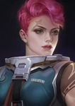  breasts eyelashes green_eyes highres lips looking_past_viewer md5_mismatch medium_breasts nose open_mouth overwatch parted_lips pink_hair red_lips scar short_hair solo y_xun zarya_(overwatch) 