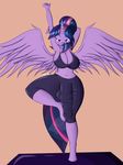  2016 anthro anthrofied bedroom_eyes breasts bulge cleavage clothed clothing dickgirl edit equine eyeshadow feathered_wings feathers friendship_is_magic hair hair_bun half-closed_eyes hand_behind_head hi_res hooves horn intersex makeup mammal my_little_pony navel penis_outline purple_eyes purple_hair raised_arm seductive simple_background solo suirano twilight_sparkle_(mlp) winged_unicorn wings yoga_pants 