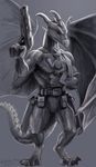  2017 4_fingers anthro barefoot clothed clothing digital_media_(artwork) digitigrade dragon duo greyscale gun holding_object holding_weapon horn kodardragon male membranous_wings monochrome ranged_weapon topless weapon wings 