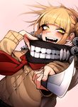 :d bags_under_eyes bangs blonde_hair blunt_bangs blush boku_no_hero_academia double_bun dutch_angle eyebrows_visible_through_hair fangs fingernails foreshortening holding holding_knife holding_weapon j.k. jacket knife long_sleeves looking_at_viewer open_mouth pink_background red_scarf revision scarf short_hair simple_background smile solo toga_himiko upper_body weapon yellow_eyes 