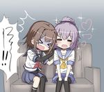  &gt;_&lt; 2girls :d =_= aoba_(kantai_collection) bangs black_bodysuit black_gloves black_legwear blue_shorts blue_skirt bodysuit brown_hair collarbone comic couch elbow_gloves eyebrows_visible_through_hair furutaka_(kantai_collection) gloves guriin hair_between_eyes hair_ornament hair_scrunchie hairclip hand_on_another's_shoulder heart high_ponytail kantai_collection multiple_girls neckerchief on_couch open_mouth pleated_skirt ponytail purple_hair purple_scrunchie red_neckwear scared school_uniform scrunchie serafuku shirt short_hair short_shorts short_sleeves shorts single_elbow_glove single_sock single_thighhigh sitting skirt smile socks sparkle tears thighhighs turn_pale wavy_mouth white_shirt yellow_neckwear 