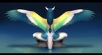  2017 anthro avian black_bars blue_feathers blue_hair digital_media_(artwork) feathers hair horn rock solo uni water 